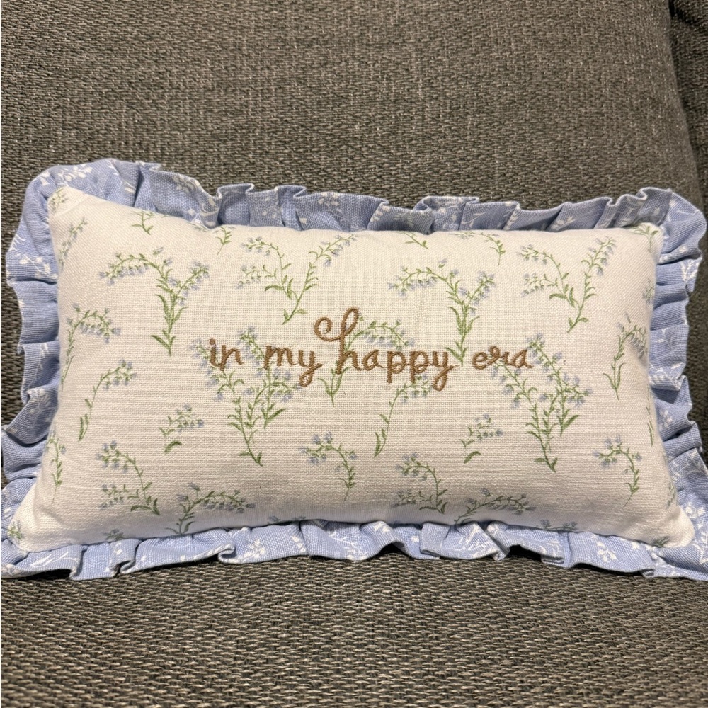 Floral Embroidered Pillow with Blue Ruffle NWOT